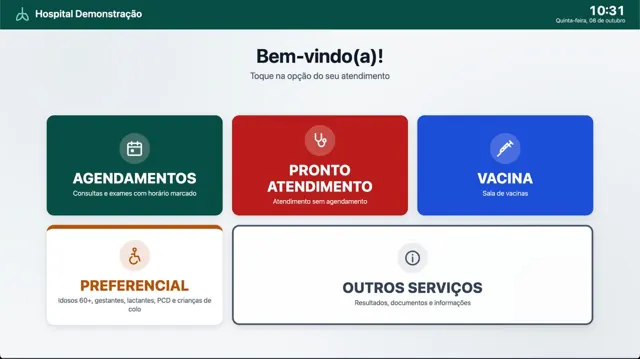 Totem com as opções Agendamentos, Pronto Atendimento, Vacina, Preferencial e Outros serviços